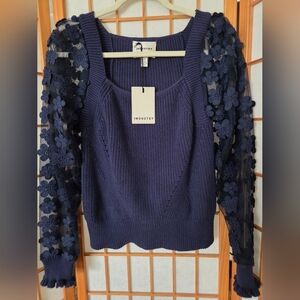 NWT WOMENS INDUSTRY NAVY BLUE MESH/FLORAL LONG SLEEVES COTTON SWEATER SMALL